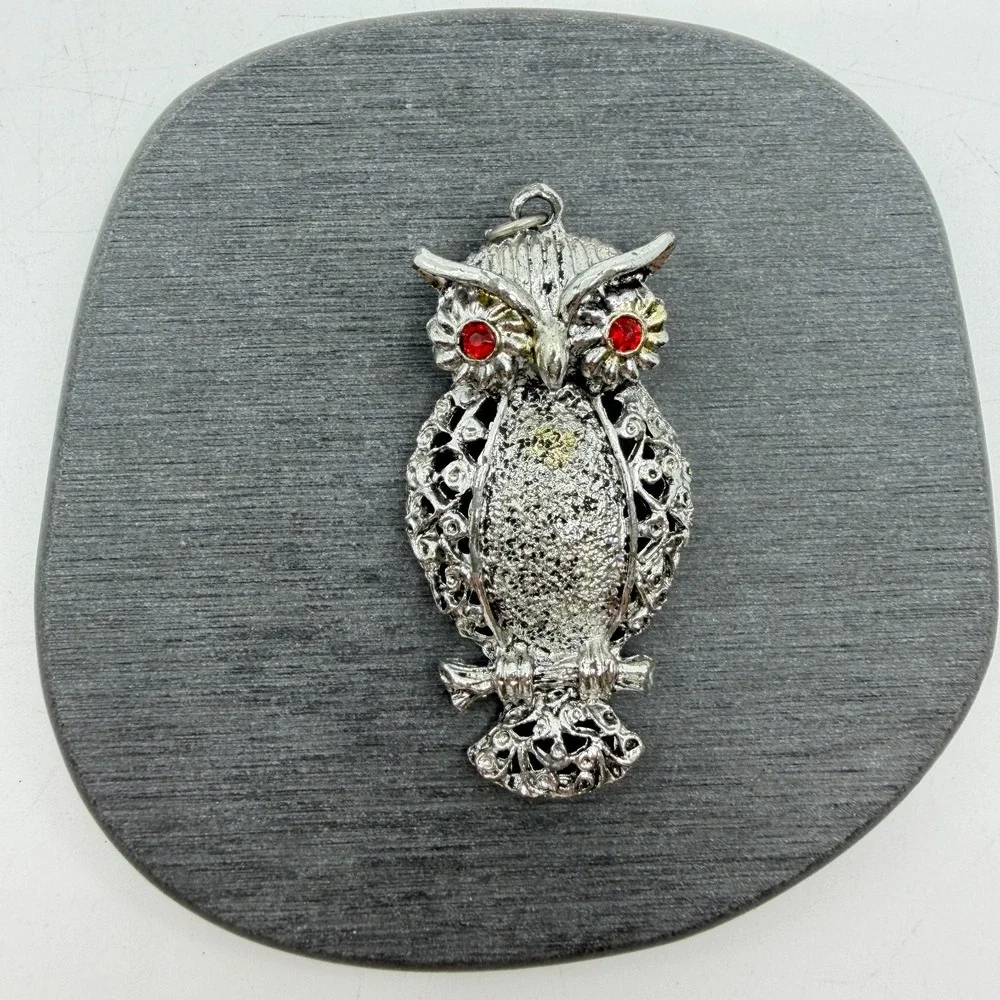 Silver Tone Red Rhinestone Eye Owl Pendant Gothic Halloween Statement Jewelry